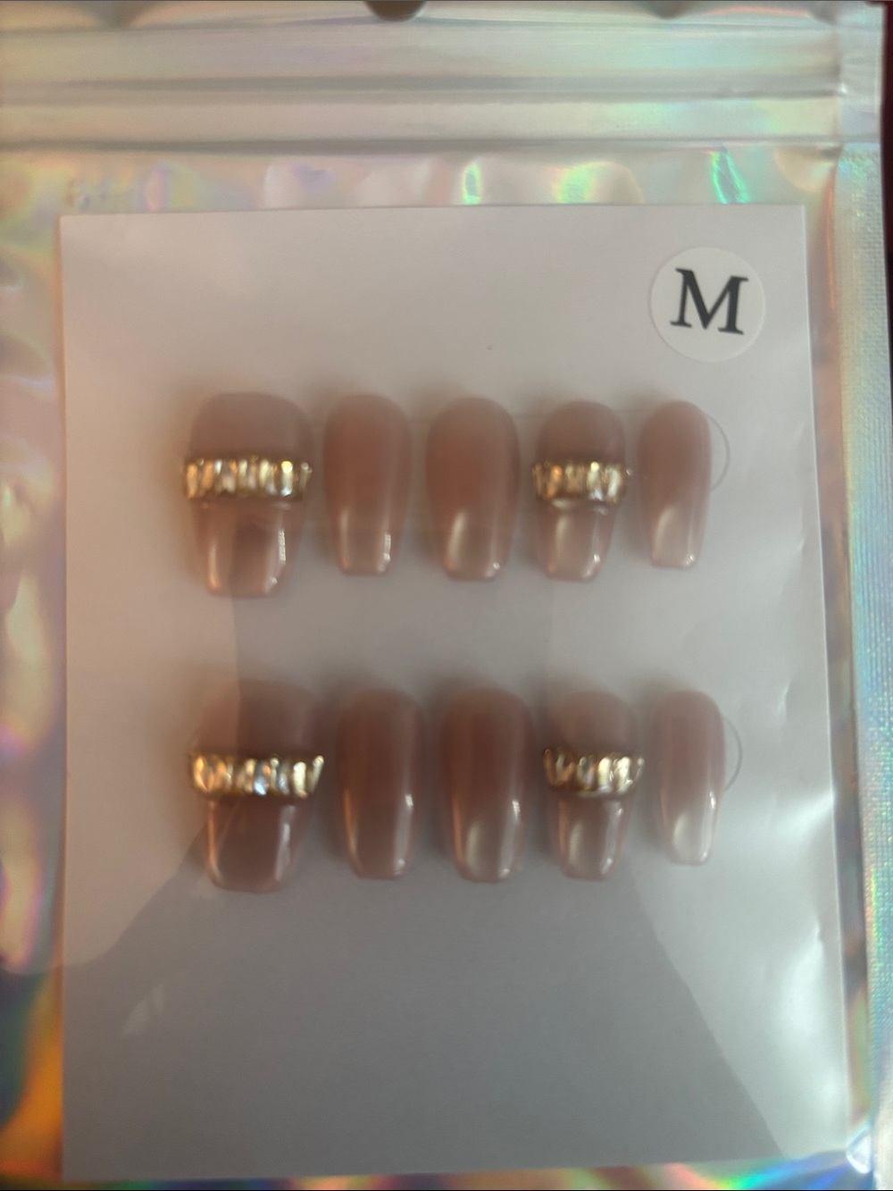 Nude Press-On Nails with Gold Rhinestone Accent